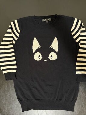 Mak Sweater Retro Debbie Cat Striped Sweater in Black for Halloween, Medium